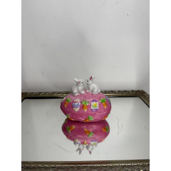 Vintage Trinket Box Pink Easter Egg Shaped Bunny Rabbits Top 4" Tall Ceramic - Picture 10 of 10